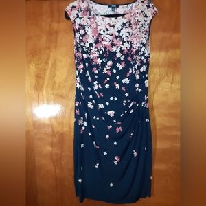 Chaps Blue Sheath Dress with Cap Sleeves and Scoop Neck for Wedding Guest